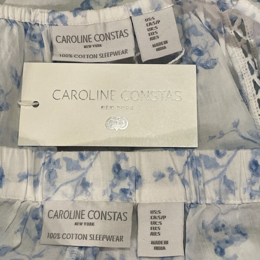 NWT, CAROLINE CONSTAS 2 Piece Cami/Shorts Woven Pajama Set, White/Blue - S - Picture 12 of 15